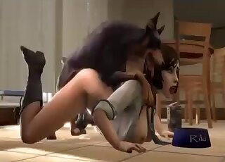 Attractive babe uses a bowl during 3D bestiality dog sex with petplay