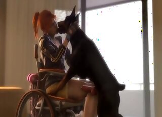 Animated porn - Redhead in a wheelchair makes out with Doberman
