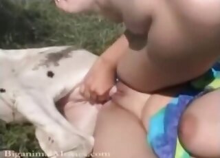 Randy brunette has outdoor zoo sex fun by blowing pet canine