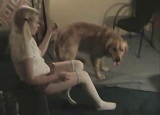 Teen blond used Golden Retriever for zoo sex pleasure