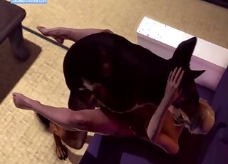 Attractive babe prepping for doggystyle bestiality on a purple couch