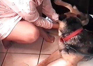 Filthy lady gets her shaved cunt always ready for her canine’s dong
